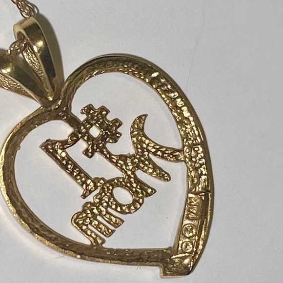 14K SOLID YELLOW GOLD #1 MOM HEART PENDANT GOLD CHAIN SIGNED AURAFIN - AUTHENTIC - Picture 2 of 16
